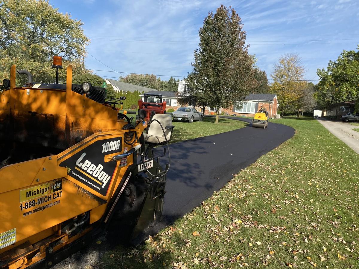Long tree-lined asphalt driveway